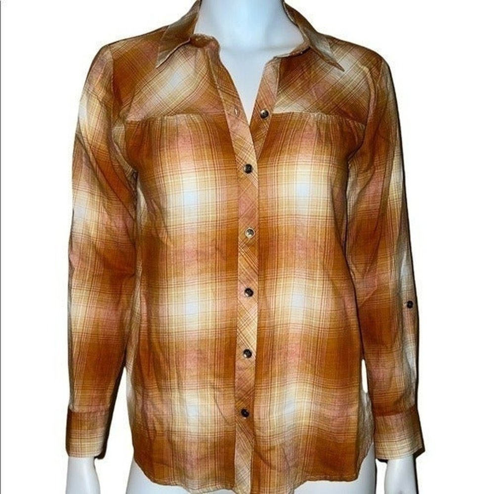 Christopher & Banks Golden Glow Orange Yoke Detail Plaid Button Down Shirt Small